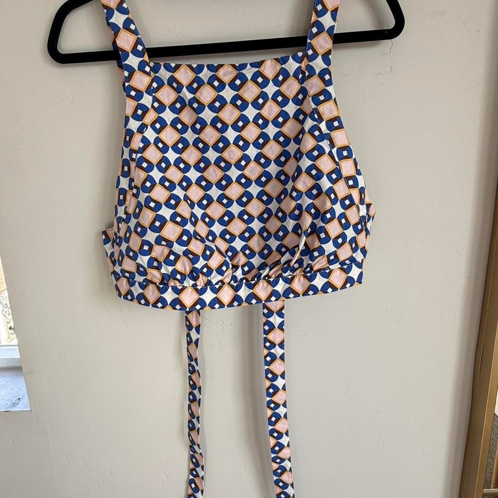 Zara Geometric Tie Back Crop Top Size S 100% Cotton Retro Tile Print
